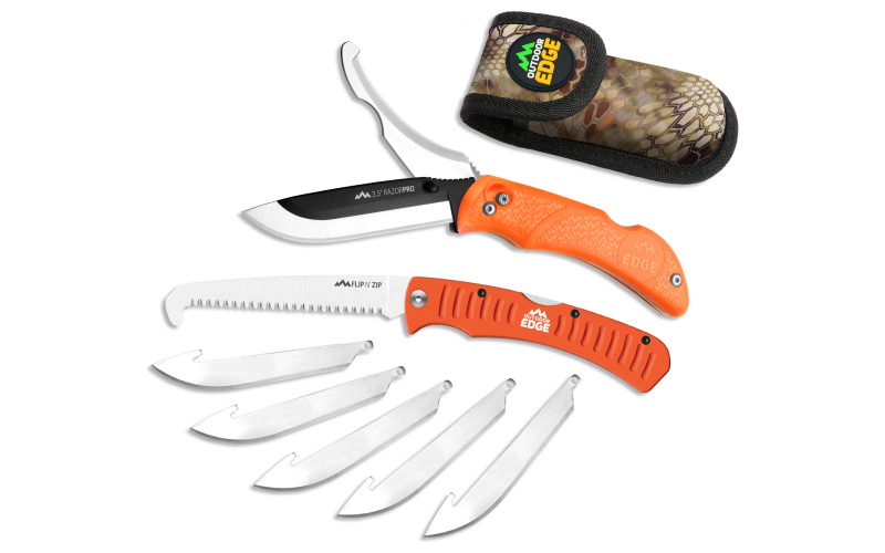 Outdoor Edge Razor Pro, Folding Knife and Saw Combo, Plain Edge, 3.5" Blades, 420J2 Stainless Steel, Orange Handle, Includes (6) Drop Point Blades and Gut Blade ROC-30C