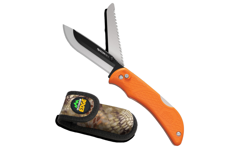 Outdoor Edge Razorpro S, Folding Knife, 3.5" Plain Edge Blade, 3.4" Saw Blade, Black Oxide Blade Holder, 420J2 Stainless, Orange Handle, Includes Nylon Sheath RSB35-6C