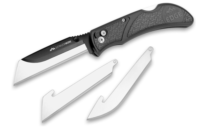 Outdoor Edge Razorwork, Folding Knife, Plain Edge, 3" Blades, Black Oxide Finish, 420J2 Stainless Steel, Gray Handle, Includes (2) Utility Blades and (1) Drop Point Blade RW30-60C