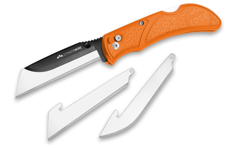 Outdoor Edge Razorwork, Folding Knife, Plain Edge, 3" Blades, Black Oxide Finish, 420J2 Stainless Steel, Orange Handle, Includes (2) Utility Blades and (1) Drop Point Blade RWB30-70C