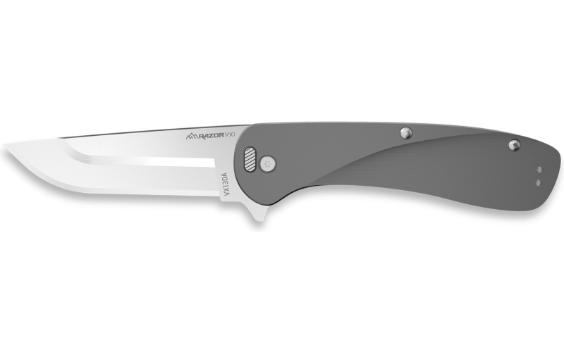 Outdoor Edge Razor VX1, Folding Knife, Plain Edge, 3" Blade Length, 7.3" Overall Length, 420J2 Stainless Steel, Includes (2) Standard Plain Edge and (1) Partially Serrated Blade, Anodized Gray Finish, Aluminum Scales, Stainless Steel Blade Holder, Reversible Deep Carry Clip VX130A-C