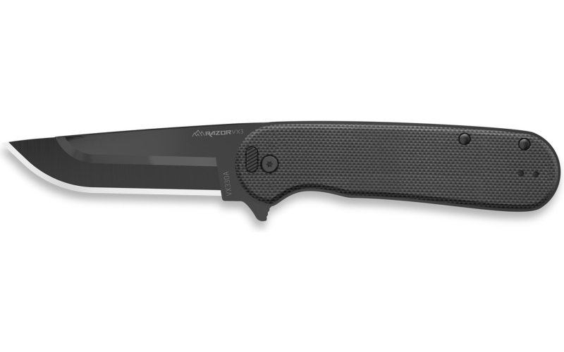 Outdoor Edge Razor VX3, Folding Knife, Plain Edge, 3" Blade Length, 7.4" Overall Length, 420J2 Stainless Steel, Includes (3) Standard Plain Edge and (1) Partially Serrated Blade, Black Oxide Finish, Black G10 Scales, Ball Bearing System, Stainless Steel Frame/Blade Holder, Reversible Deep Carry Clip VX330A-C