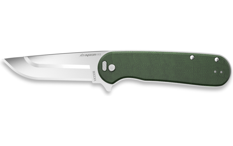 Outdoor Edge Razor VX3, Folding Knife, Plain Edge, 3" Blade Length, 7.4" Overall Length, 420J2 Stainless Steel, Includes (3) Standard Plain Edge and (1) Partially Serrated Blade, Green Micarta Scales, Ball Bearing System, Stainless Steel Frame/Blade Holder, Reversible Deep Carry Clip VX330B-C