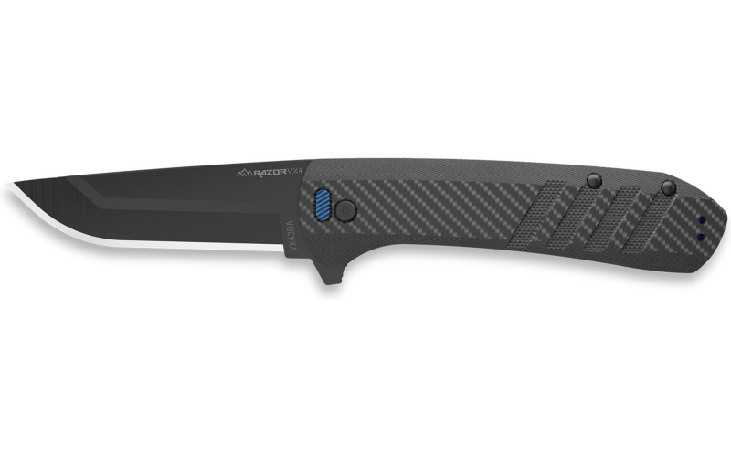 Outdoor Edge Razor VX4, Folding Knife, Plain Edge, 3" Blade Length, 7.5" Overall Length, 420J2 Stainless Steel, Includes (3) Standard Plain Edge and (1) Partially Serrated Blade, Black Oxide Finish, Carbon Fiber Scales, Ceramic Ball Bearing System, Stainless Steel Frame/Blade Holder, Reversible Deep Carry Clip VX430A-C