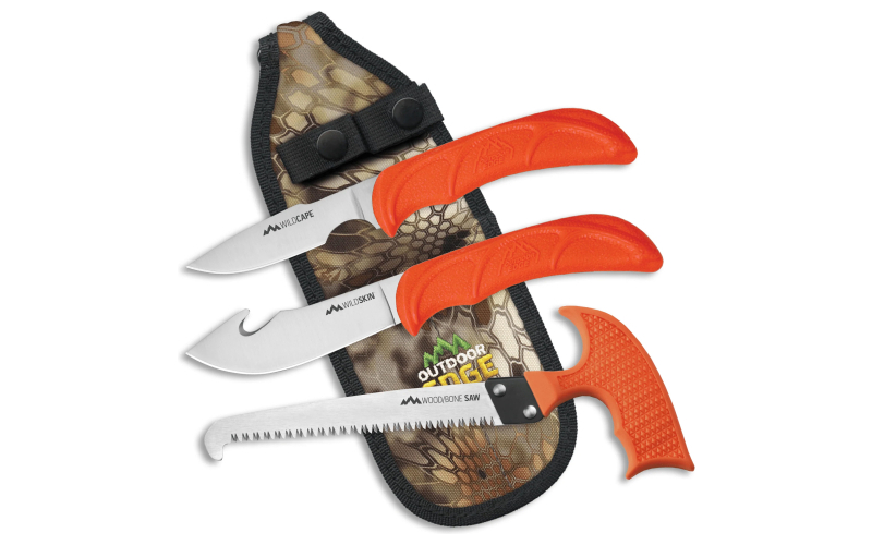 Outdoor Edge Wild Guide, Fixed Blade Knife Set, Plain Edge, 420J2 Stainless Steel, Orange Handle, Includes (1) Caper Knife, (1) Skinner Knife, (1) Bone Saw, and Nylon Sheath WG-10C