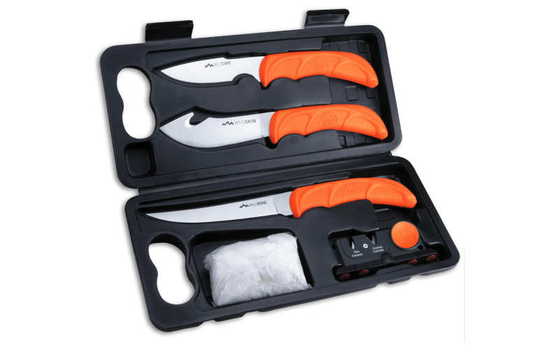 Outdoor Edge Wildlite Game Processing Kit, Fixed Blade Knife Set, Plain Edge, 420J2 Stainless Steel, Orange Handle, Includes (1) Caper Knife, (1) Skinner Knife, (1) Boning Knife, and Knife Sharpener WL-6