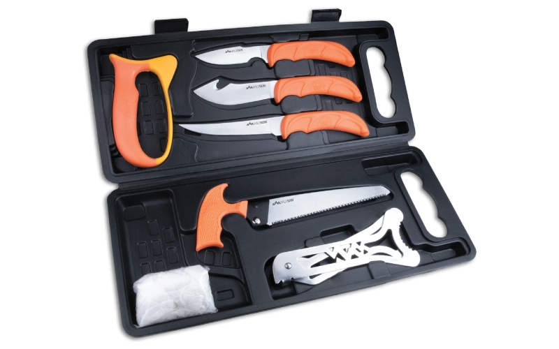 Outdoor Edge Wild Pak Game Processing Kit,  Fixed Blade Knife Set, Plain Edge, 420J2 Stainless Steel, Orange Handle, Includes (1) Caper Knife, (1) Skinner Knife, (1) Boning Knife, (1) Bone Saw, (1) Sharpener, (1) Rib Spreader, Game Cleaning Gloves, and Hard Case WP-2