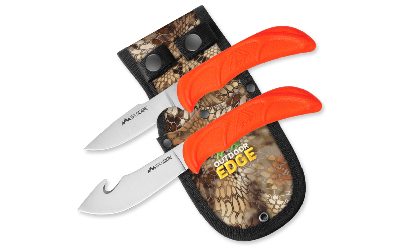Outdoor Edge Wild Pair, Fixed Blade Knife Set, Plain Edge, 420J2 Stainless Steel, Orange Handle, Includes (1) Caper Knife, (1) Skinner Knife, and Nylon Sheath WR-1C