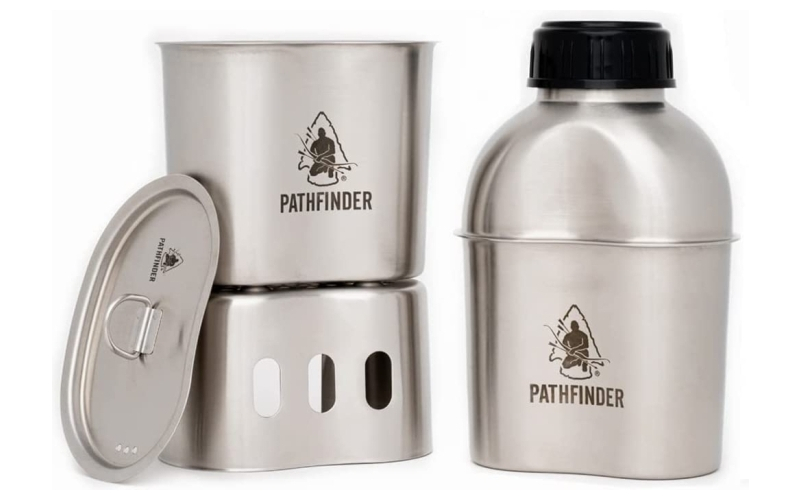 Pathfinder Canteen Cooking Set, 39oz Wide-mouth Stainless Steel Canteen, 25oz Stainless Steel Nesting Cup, Stainless Steel Canteen Nesting Stove, Pathfinder Canteen Cup Lid PFCCS-101