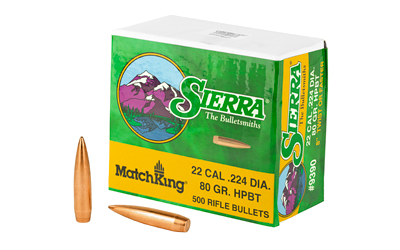Sierra Bullets MatchKing, .224 Diameter, 22 Caliber, 80 Grain, Hollow Point Boat Tail, 500 Count 9390