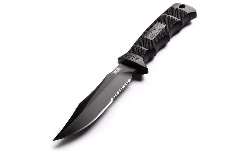 SOG Knives & Tools Seal Pup, Elite, Fixed Blade Knife, 4.85" Clip Point Partially Serrated Edge, Black Glass-Reinforced Nylon Handle, AUS-8 Steel, Hardcased Finish, Black, Includes Kydex Sheath SOG-E37T-K