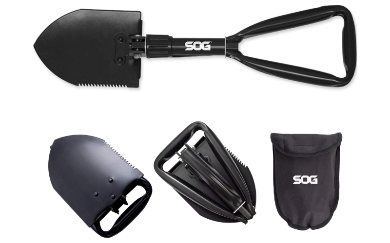 SOG Knives & Tools Entrenching Tool, Multi-Tool, Serrated Edge, High Carbon Steel, Black Powder Coat, Black Handle, Nylon Sheath SOG-F08-N