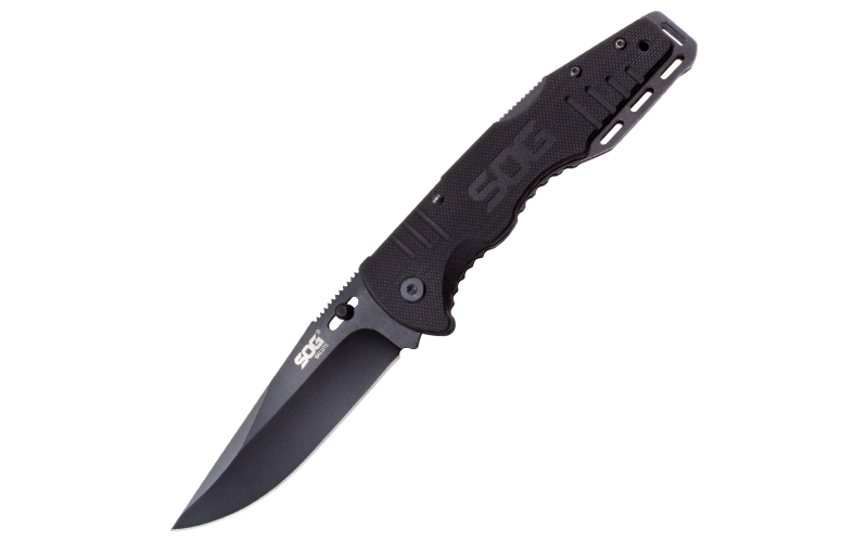 SOG Knives & Tools Fusion, Folding Knife, 3.625" Clip Point Straight Edge, Black G10 Handle, 8Cr13MoV Steel, Hardcased Finish, Black SOG-FF11-CP