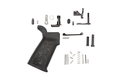 Spike's Tactical Lower Receiver Parts Kit Without Fire Control Group/Trigger Group, 223 Rem/556NATO, Includes Safety Selector, Bolt Catch, Magazine catch, Billet Magazine Catch Button, Front Pivot Pin, Rear Take Down Pin, Aluminum Trigger Guard w/Spring Loaded Detent, Bolt Catch Spring, Disconnect Spring, Magazine Catch Spring, Safety Selector Spring, Buffer Retainer Spring, Safety Selector Detent, Bolt Catch Plunger, Buffer Retaining Pin, Bolt Catch Roll Pin, Trigger Guard Roll Pin, A2 Pistol Grip, 1/4x28 Allen Cap Screw, Star Lock Washer for A2 Grip Screw SLPK100