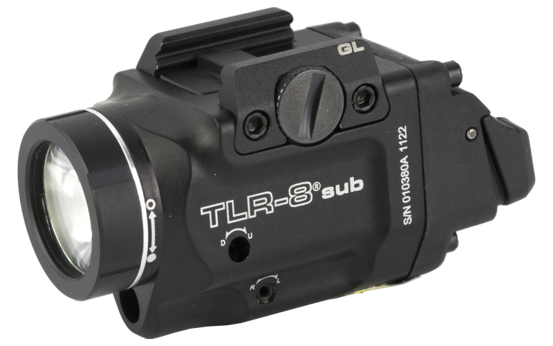 Streamlight Streamlight TLR-8 Sub, White LED with Red Laser, Fits Glock 43x/48 MOS, 500 Lumens, Anodized Finish, Black, Includes (1) CR123a Battery, Low and High Switches 69411