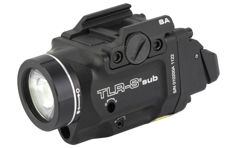 Streamlight Streamlight TLR-8 Sub, White LED with Red Laser, Fits Springfield Hellcat, 500 Lumens, Anodized Finish, Black, Includes (1) CR123a Battery, Low and High Switches 69419