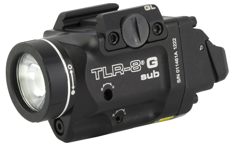 Streamlight Streamlight TLR-8 G Sub, White LED with Green Laser, Fits Glock 43x/48 MOS, 500 Lumens, Anodized Finish, Black, Includes (1) CR123a Battery, Low and High Switches 69431