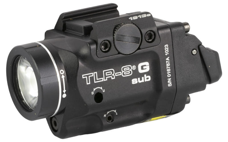 Streamlight Streamlight TLR-8 G Sub, White LED with Green Laser, For 1913 Short Models, 500 Lumens, Anodized Finish, Black, Includes (1) CR123a Battery, Low and High Switches 69438