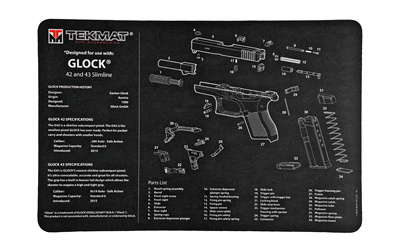 TekMat Pistol Mat For Glock 42/43, 11"x17", Black, Includes Small Microfiber TekTowel, Packed In Tube TEK-R17-GLOCK-42-43