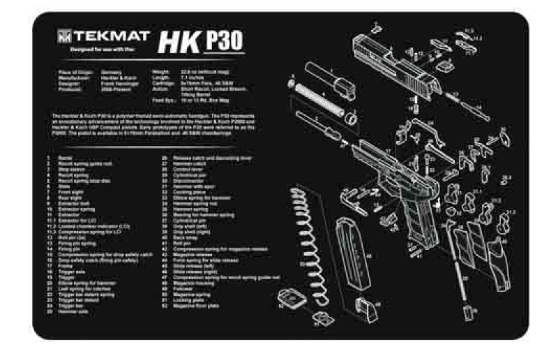 TekMat Orginal Mat, H&K P30, Cleaning Mat, Thermoplastic Surface Protects Gun From Scratching, 1/8" Thick, 11"x17", Tube Packaging, Black with White Lettering TEK-R17-HKP30