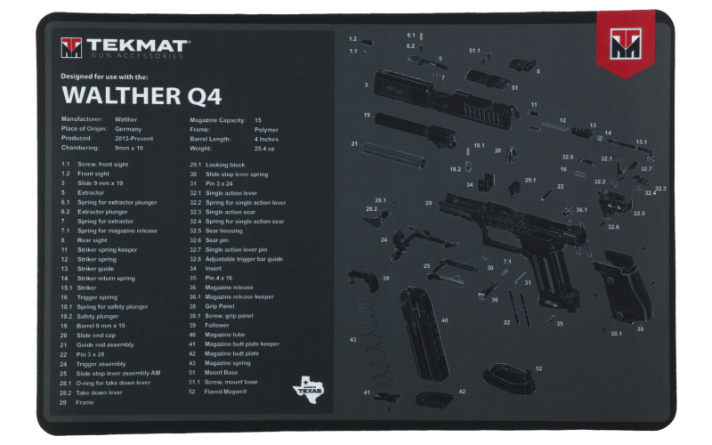 TekMat Cleaning Mat, Pistol Size, 11"x17", For Walther Q4 SF, Black TEK-R17-WAL-Q4-SF
