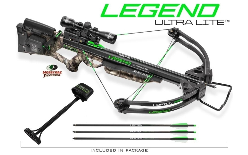 Horton legend ultra lite crossbow with 4x32 multi-line scope and acudraw - mossy oak treestand