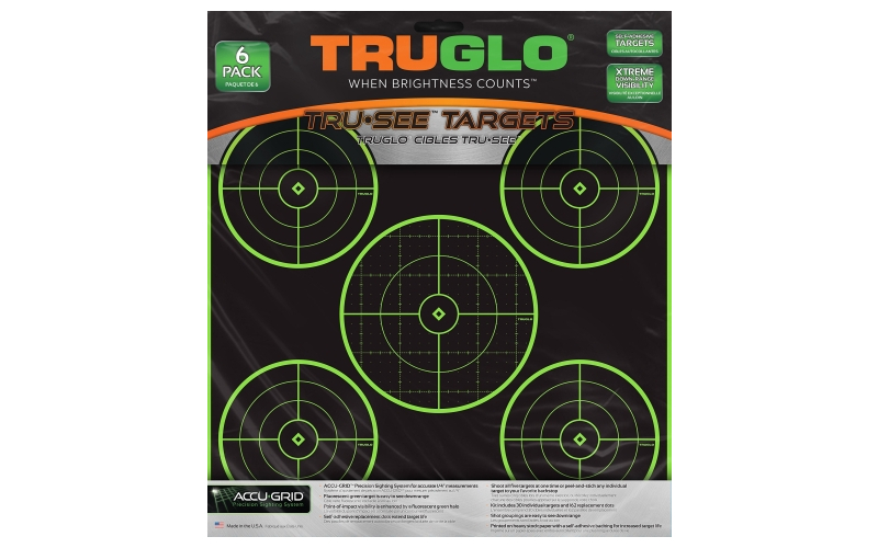 TruGlo Tru-See, Target, 12"X12", 5-Bullseye, Green, Self-adhesive, 6 Targets TG-TG11A6