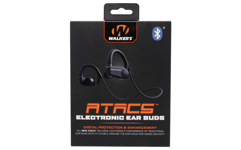 Walker's ATACS Sport Earbuds, Bluetooth Enabled, Noise Reduction 24DB. Rechargeable, Black, Includes Charging Cable and Foam Ear Tips GWP-SPEB