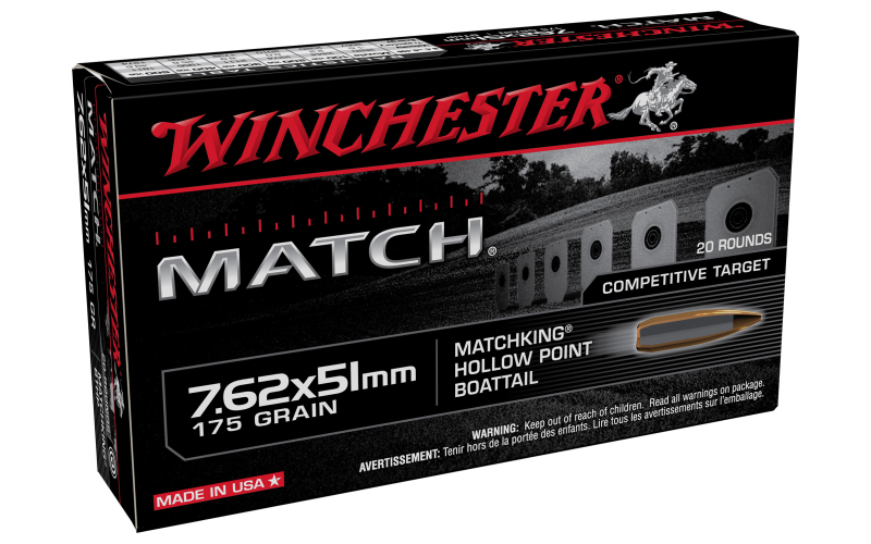 Winchester Ammunition Match, 7.62x51, 175 Grain, Sierra Boat Tail Hollow Point Bullet, 20 Round Box S76251M