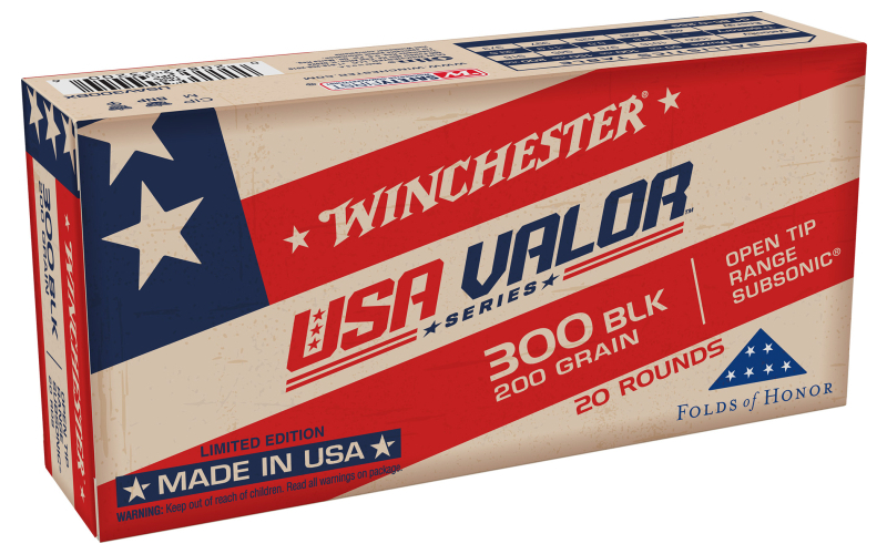 Winchester Ammunition USA VALOR, 300 Blackout, 200 Grain, Full Metal Jacket Open Tip Bullet, 20 Round Box USAV300BX