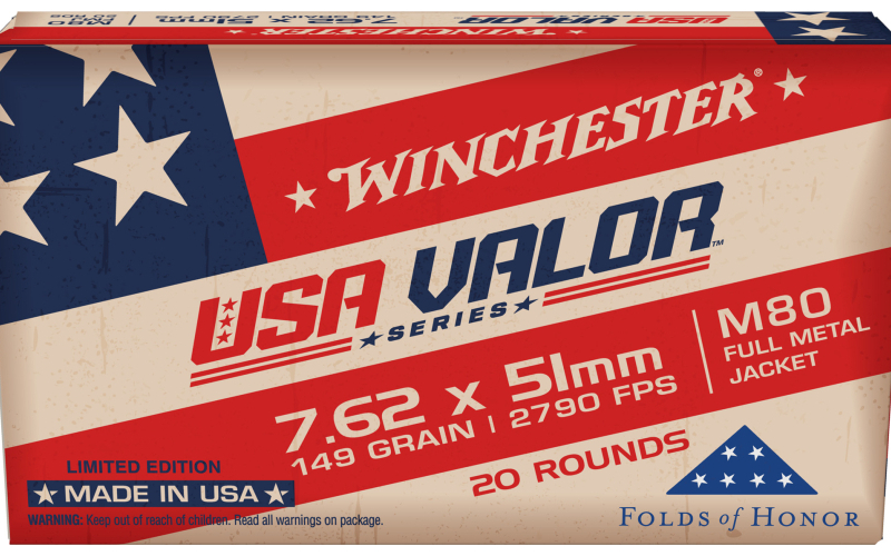 Winchester Ammunition USA VALOR, 7.62x51, 149 Grain, Full Metal Jacket Bullet, 20 Round Box USAVM80X