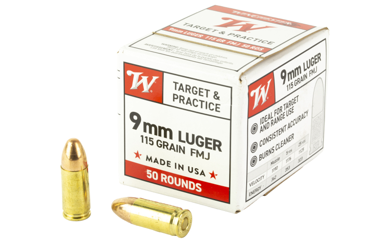 Winchester Ammunition USA WHITE BOX, 9mm, 115 Grain, Full Metal Jacket, 50 Rounds Box W9MM50