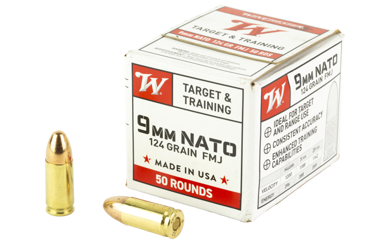 Winchester Ammunition USA WHITE BOX, 9mm, 124 Grain, Full Metal Jacket, 50 Rounds Box W9NATO50